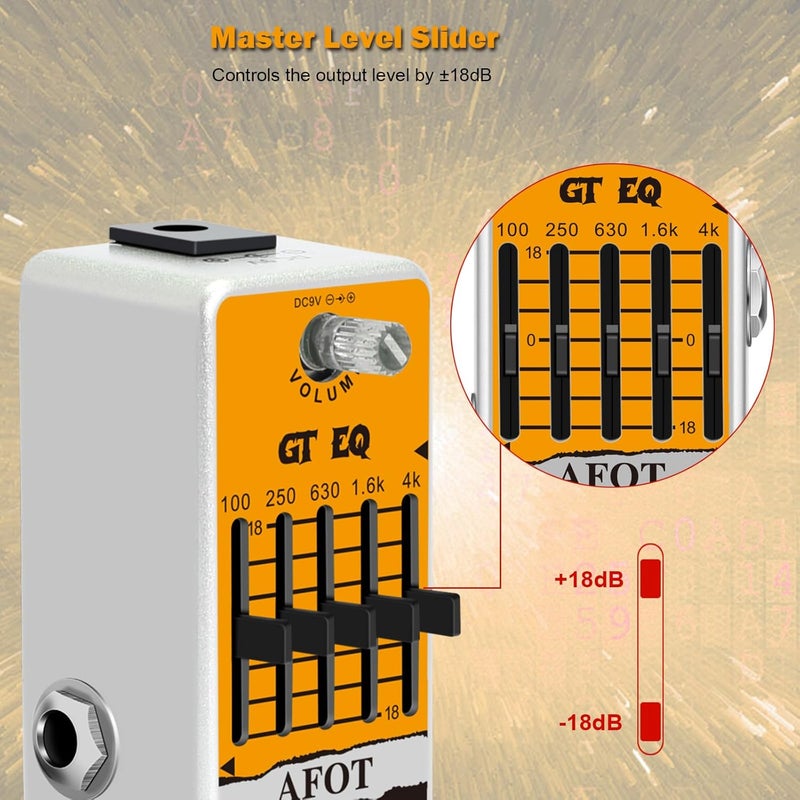 AFOT Guitar EQ Pedal, 5 Band GT EQ Pedal Electric Guitar Equalizer (100Hz 250Hz 630Hz 1.6kHz 4kHz) Provides ±18dB for Each Band EQ Seeker for Guitar,Mini Size True Bypass - Image 2